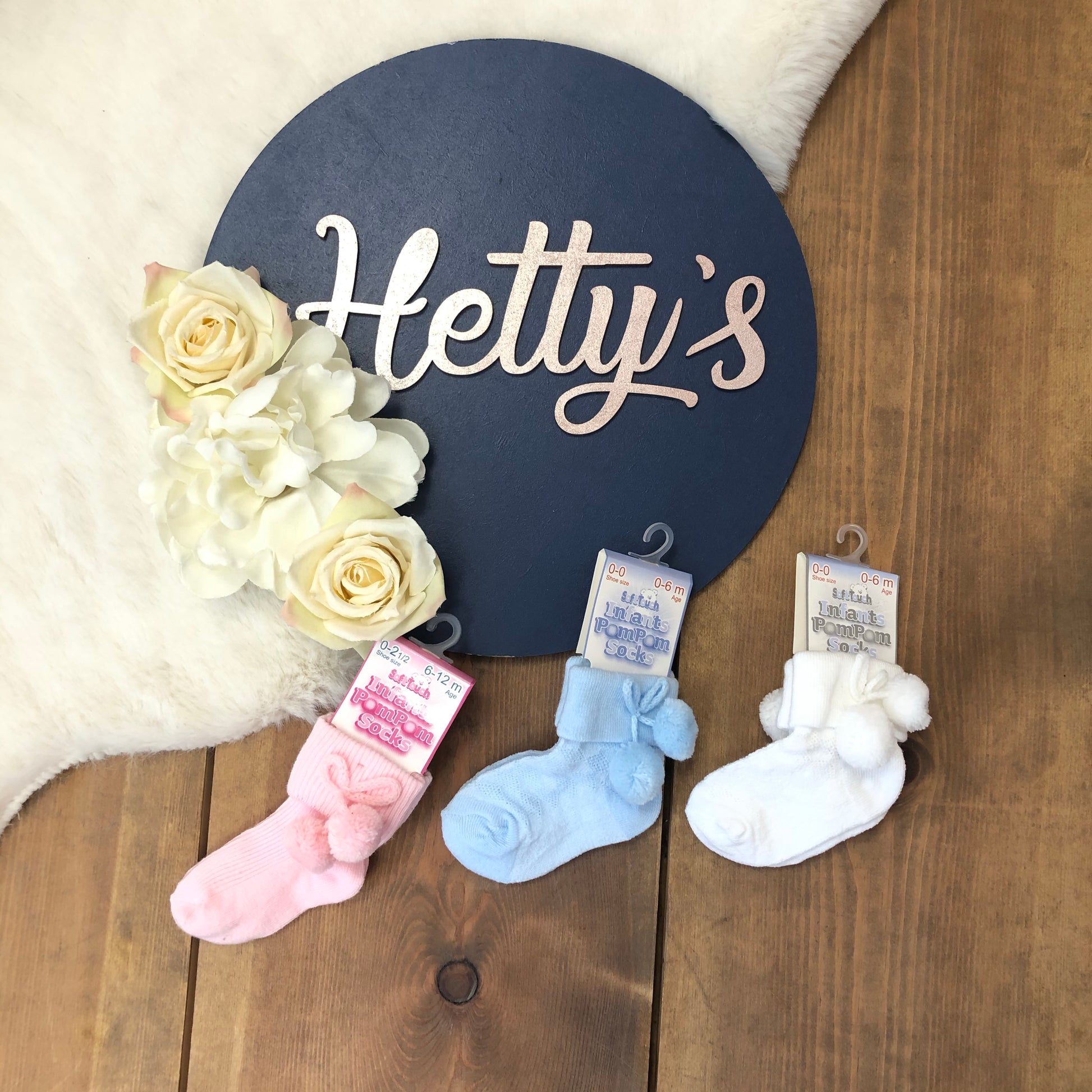 Ankle Pom Socks - White/Blue/Pink - Hetty's Baby Boutique