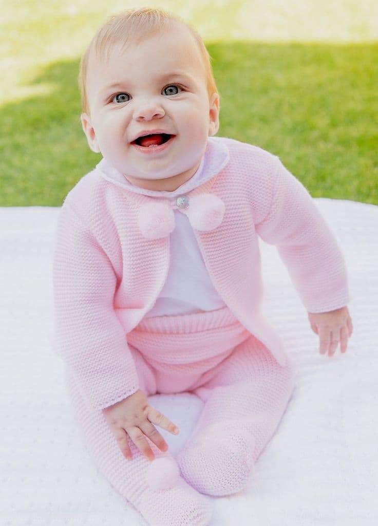 Dandelion Charley Baby Pink Pom Pom Knitted Pram Suit - Hetty's Baby Boutique