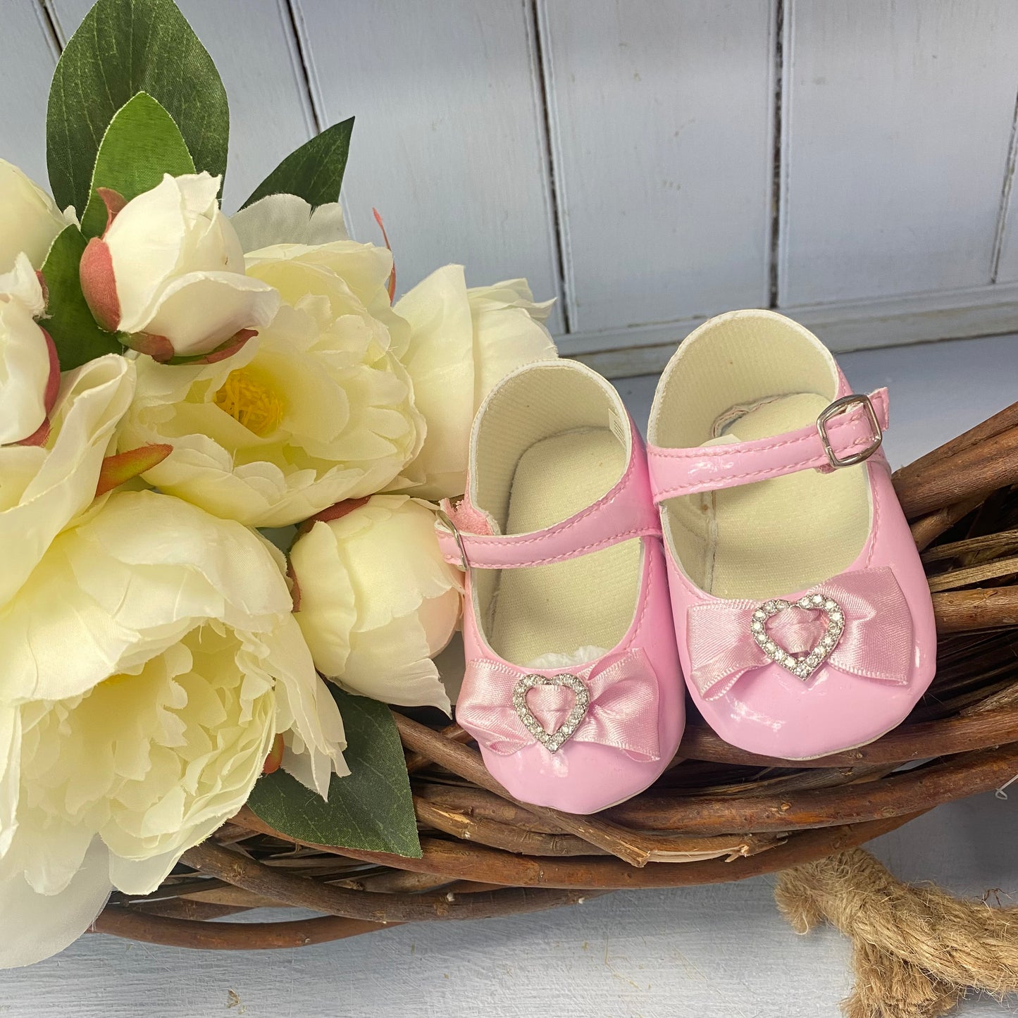 Pink heart diamonte soft sole pram shoes