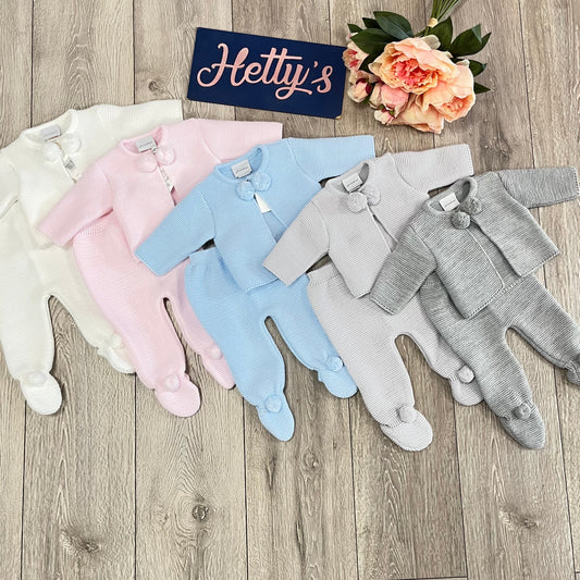 Dandelion Charley Silver Grey Pom Pom Knitted Pram Suit