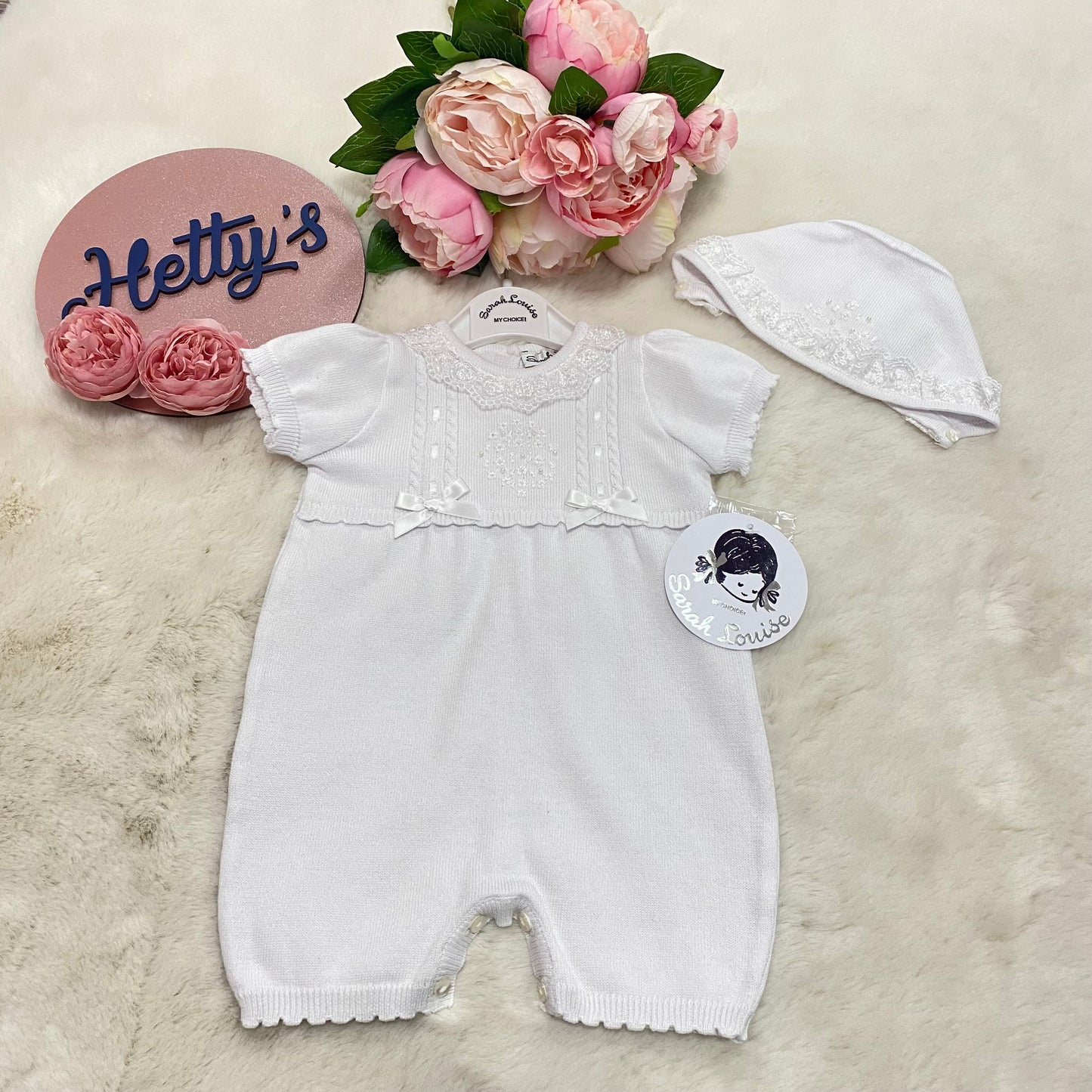 Sarah Louise White Knitted Romper with Bonnet