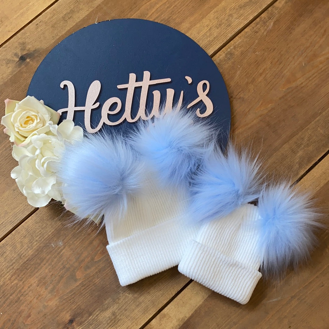 Ralphy Blue and White Double Pom Hat