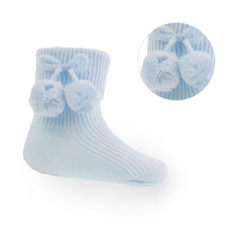 Ankle Pom Socks - White/Blue/Pink - Hetty's Baby Boutique